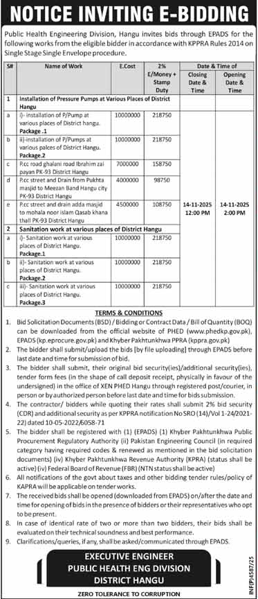 Public Health Engineering Division Hangu Tender Notice